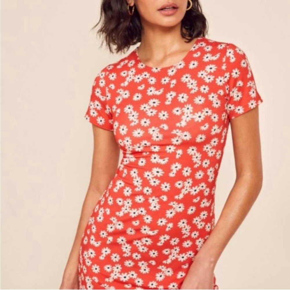 Reformation NEW Inga Red Daisy Floral Print Jersey Knit Mini Dress XS - Picture 3 of 7